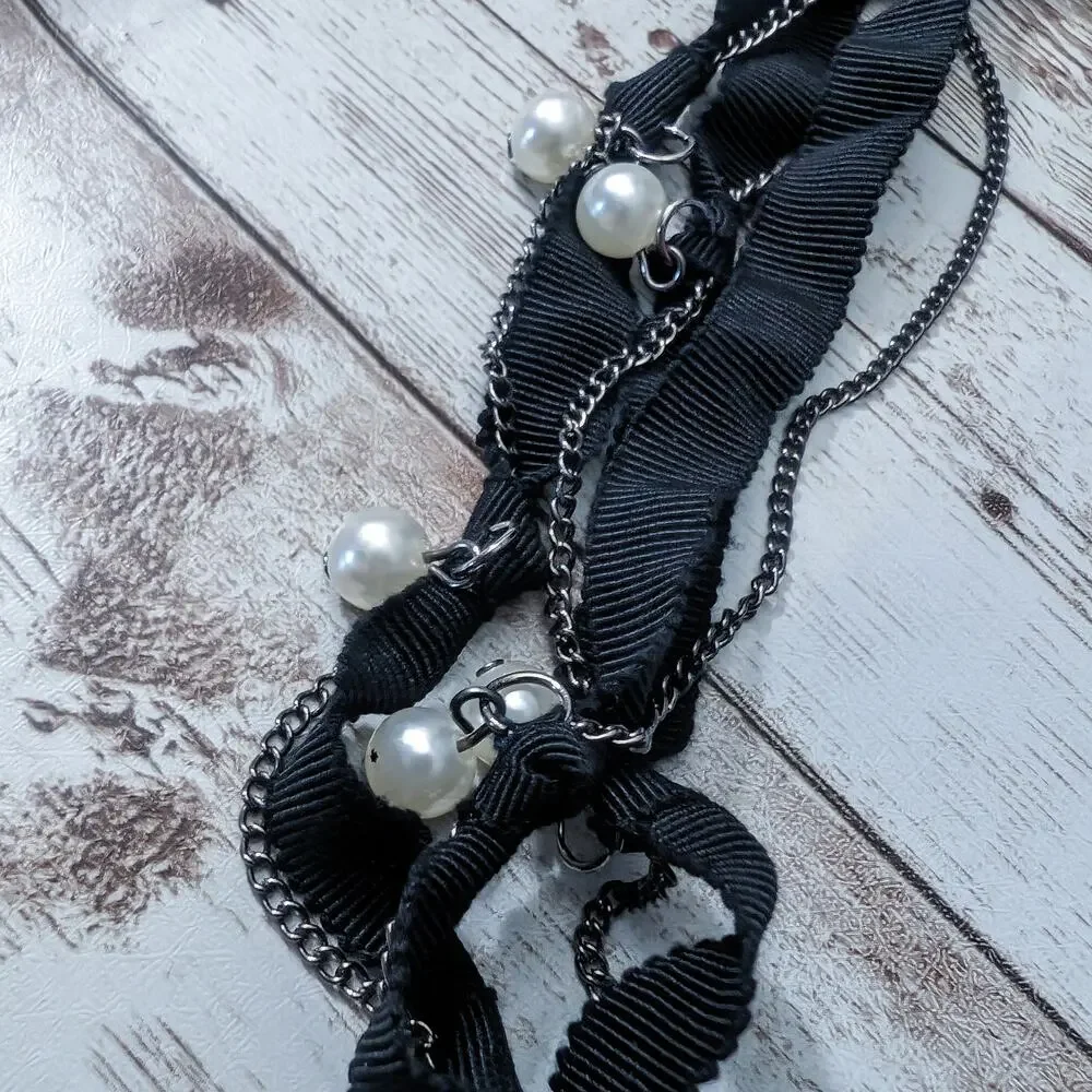 Vintage Statement Necklace Chain & Ribbon Black, Dark Metal, Faux Pearl Layered